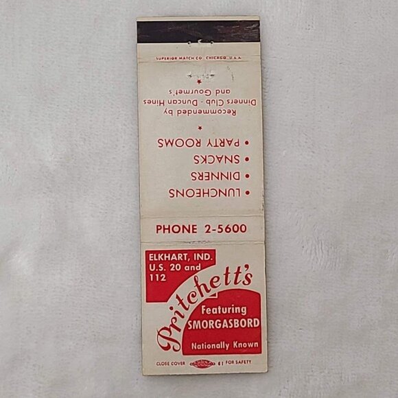 Vintage Matchbook Cover Pritchett’s Restaurant Smorgasbord Elkhart IN Indiana - Picture 3 of 4